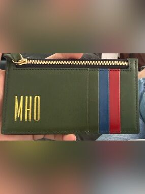 Clare V Green Leather Card Wallet with Blue and Red Stripe Accents